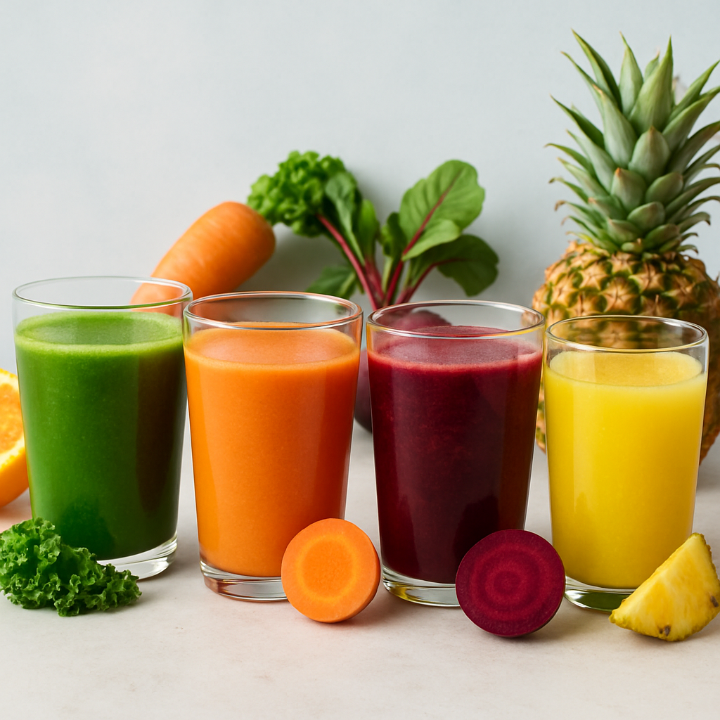 A variety of fresh juices displayed in colorful glasses
